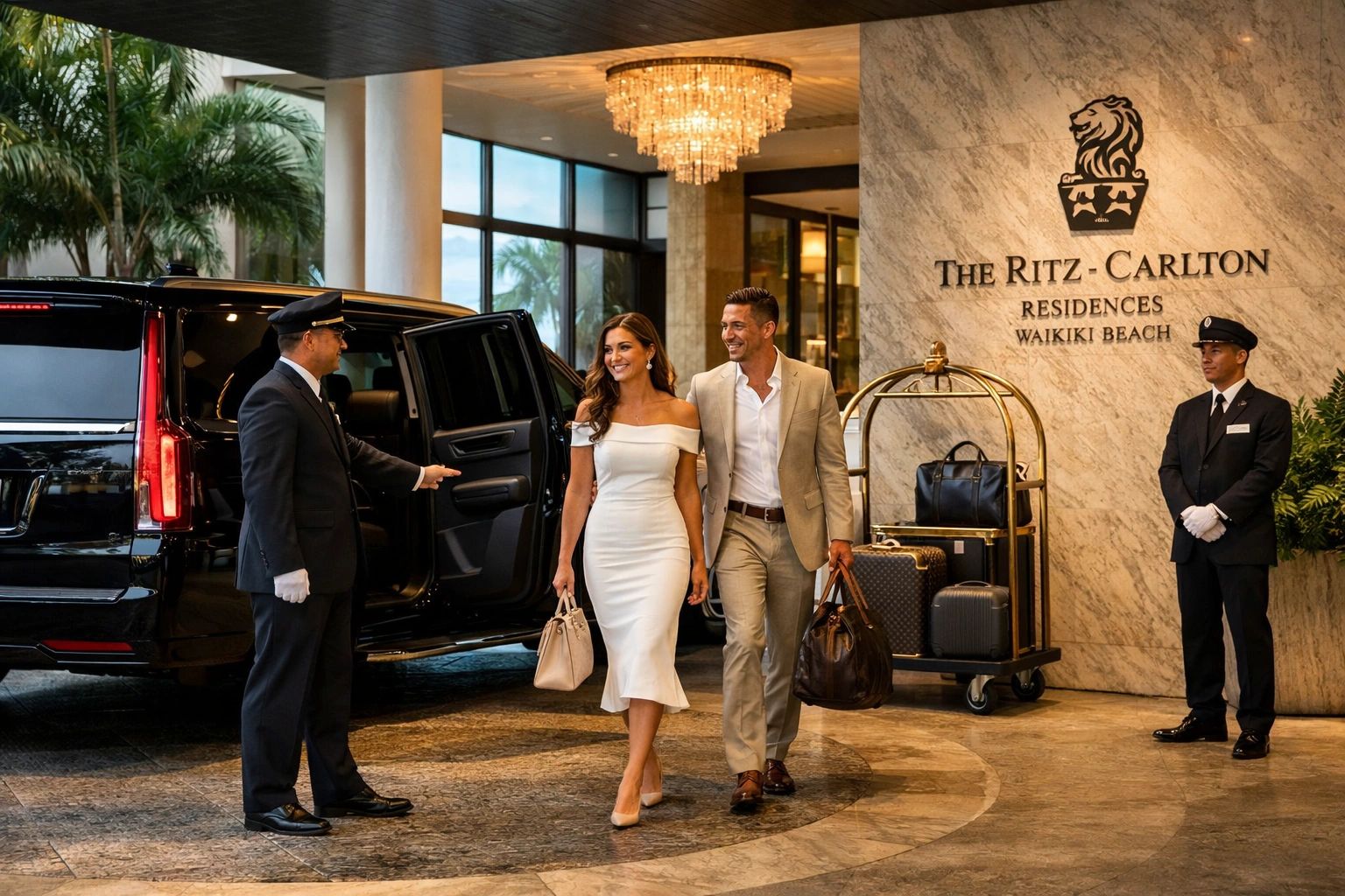 A stylish couple arrives at The Ritz-Carlton Waikiki Beach with valet assistance.