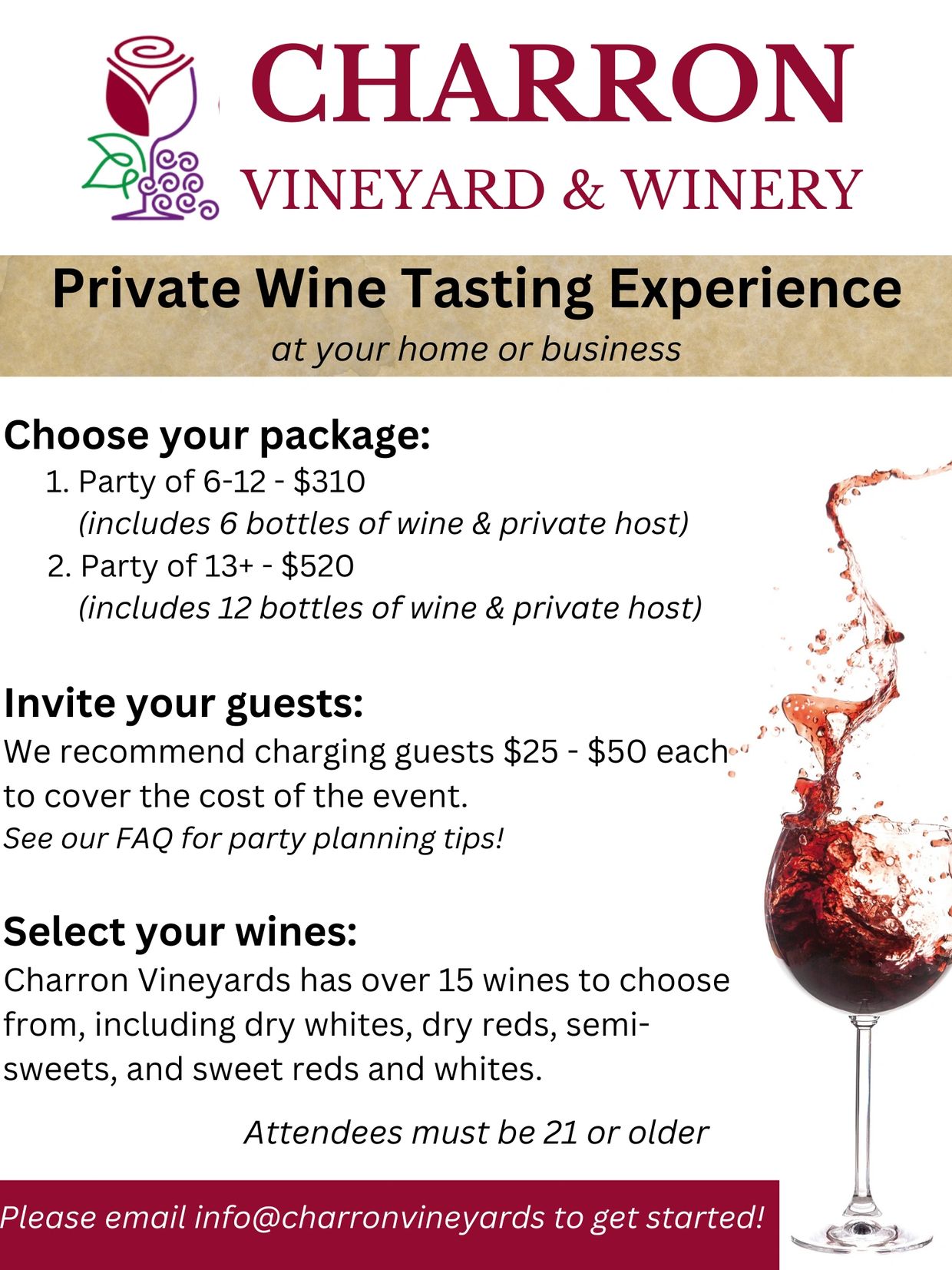 Charron Vineyard & Winery offers private wine tasting packages for parties with various wine selections.