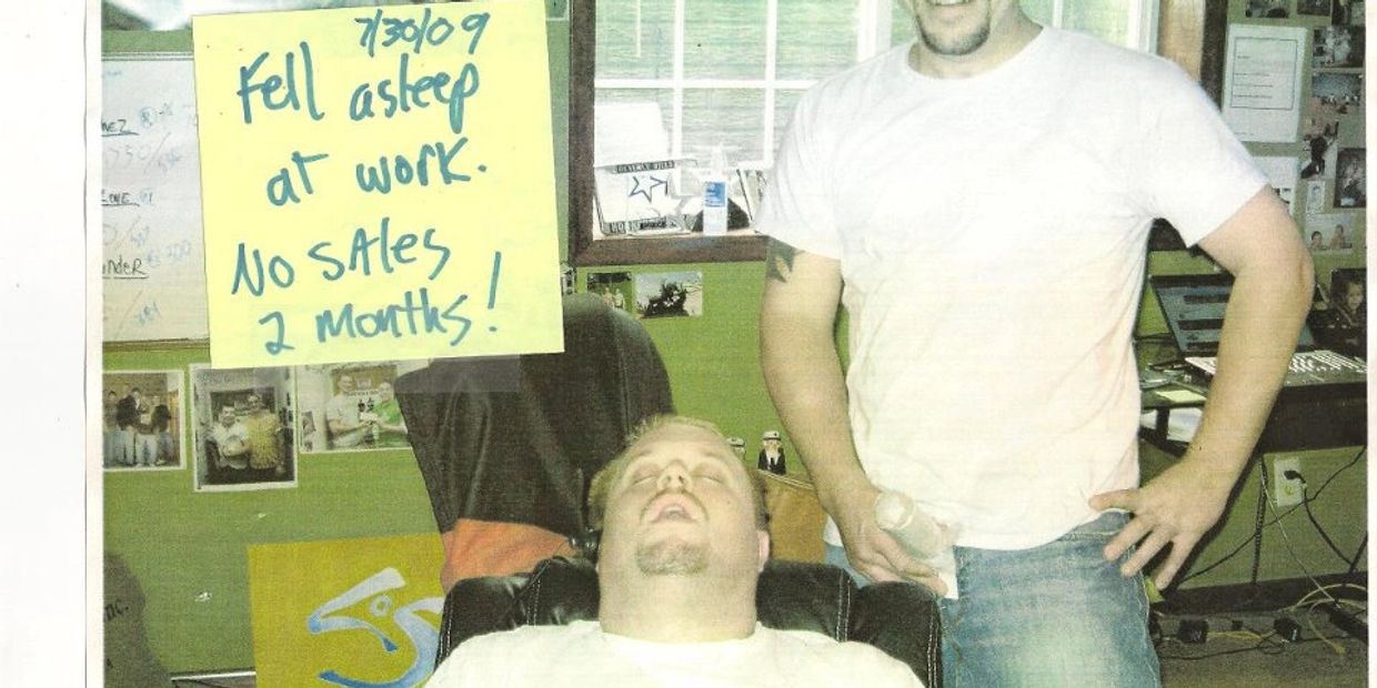 Flounder passed out at work and Sanchez takes the fake cock pic