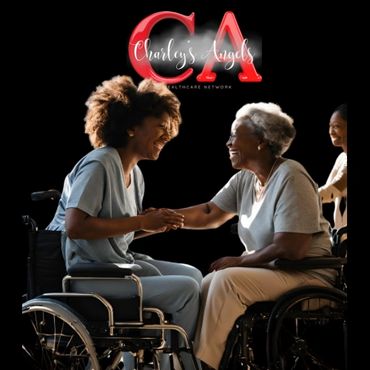 Two women in wheelchairs sharing a joyful moment, symbolizing care and connection.
