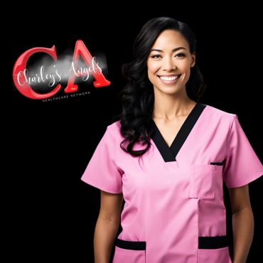 Smiling healthcare worker in pink scrubs with Charley's Angels logo.