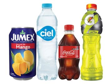 Imagen de bebidas variadas: jugo, agua, refresco y bebida deportiva.