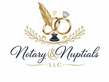 Elegant logo featuring a quill, ink pot, and wedding rings for Notary & Nuptials LLC.