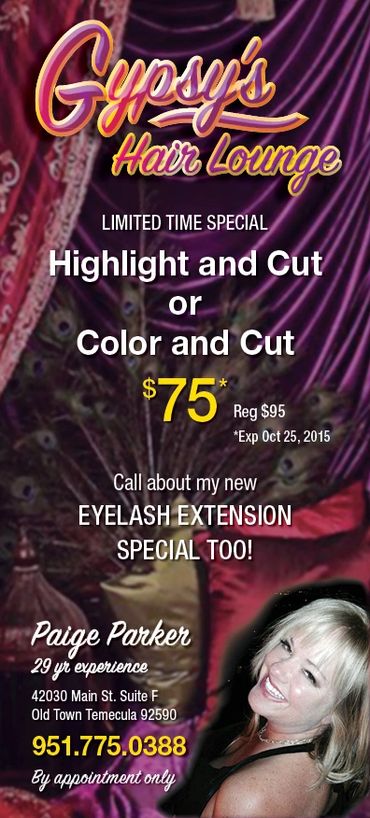 Gypsy's hair lounge promo card for cut and color. logo on purple background by Jill Roberts