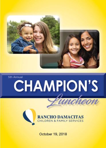Rancho Damacitas event lunch cover. Yellow and blue with photos of moms and kids Temecula