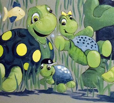 Cartoon turtles wall mural in baby nursery painted By artist Jill Roberts in Murrieta, CA.