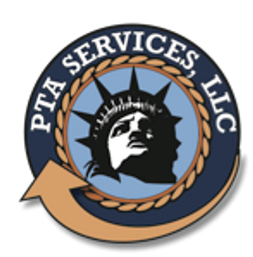 PTA tax services logo. round with lady liberty. blue with gold arrow