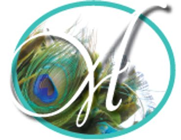 Script A in teal oval with peacock feathers. Interior deisgn logo by Jill Roberts