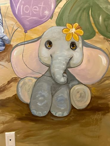 Jungle theme mural baby elephant painted in DeLuz Temecula CA by Jill Roberts, Mural Artist.