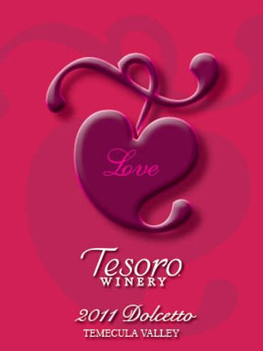 Red with purple heart, grape shape wine label for Dolcetto. Temecula, CA by Graphic Jill Roberts
