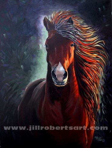 Painting of horse with a flaming mane on canvas by Jill Roberts pet portrait painter artist.