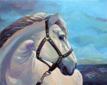 Painting of white horse with blue sky storm approaching blues purples, black, turquoise bridle