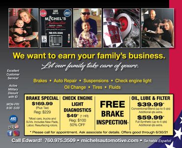 Automotive repair post card in escondio. grey, yellow and red with photos and brake inspection