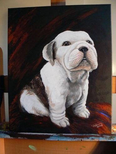Painting of bulldog puppy on canvas by Jill Roberts pet portrait painter artist. Murrieta, CA