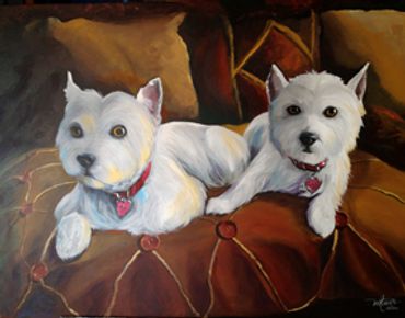 Two white maltese dogs on tufted red and gold couch. pet portrait painting by Jill Roberts