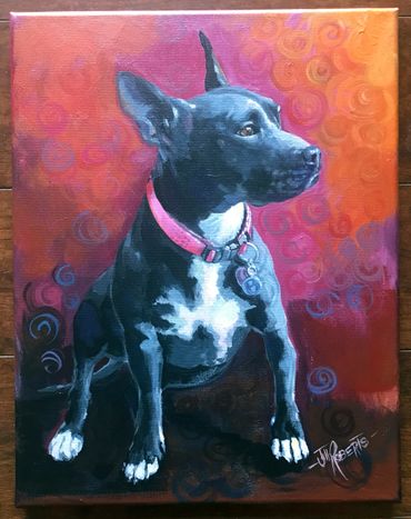 Painting of blue nose Pitbull on canvas by Jill Roberts pet portrait painter artist.