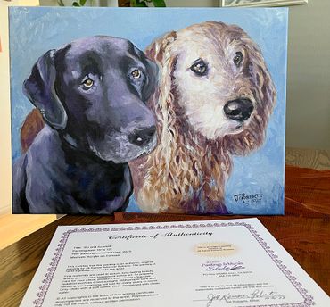Painting of two dogs acrylic on canvas. Black Labrador and blonde Labradoodle. with certificate