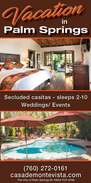 Vacation Rental in Palm Springs ad. brown and orange bedroom. Designed by Jill Roberts