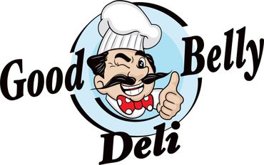 Good Belly Deli logo with chef winking blue circle, red bow tie