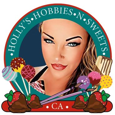 Holly's hobbies round logo with pretty face, cake pops, chocolate covered strawberries. sweets CA