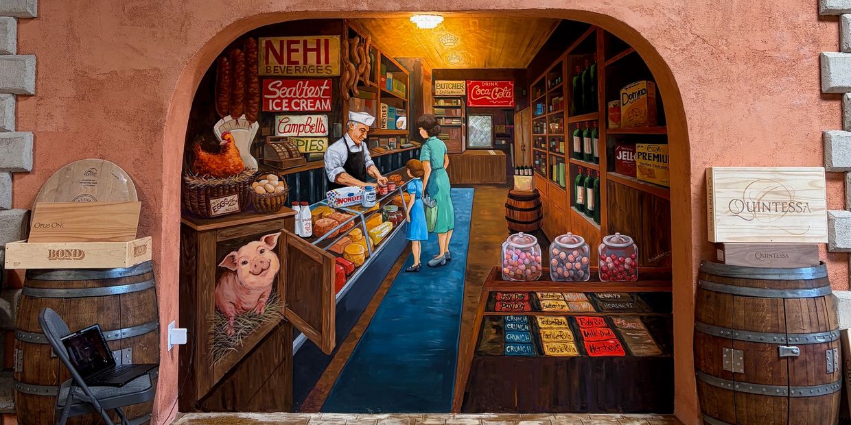 Hand painted mural of 1950s deli by Jill Roberts.