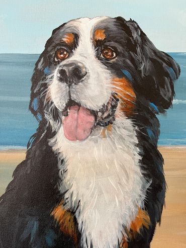Painting of Bernese Mountain dog. acrylic on canvas. pet portrait Los Angeles. Jill Roberts Art