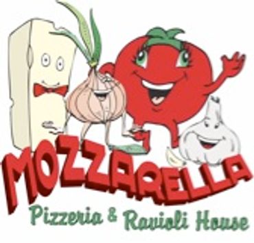 Mozzarella Pizzeria logo red, green and yellow with happy cheese, onion, garlic and tomato
