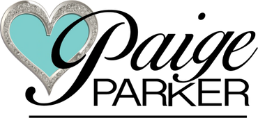 Paige Parker logo with text and tiffany blue heart surrounded by bling