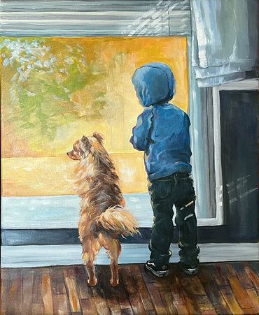 painting of little boy and his dog looking out a window. blue hoodie. by Jill Roberts, Anza, CA