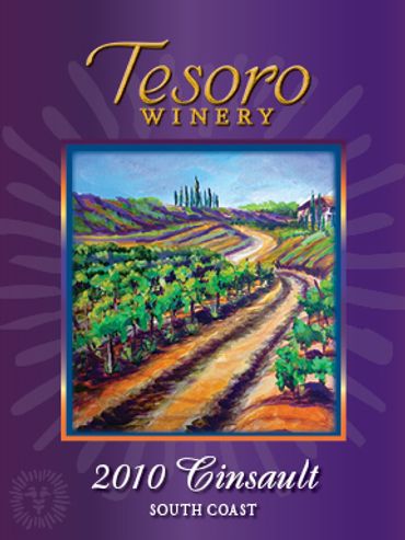 Purple Wine bottle label 2010 Cinsault.with vineyard painting by jill Roberts, Temecula winery