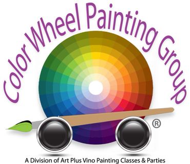 Color Wheel Painting Group logo with round color chart, wheels, paint brush by Jill Roberts artist