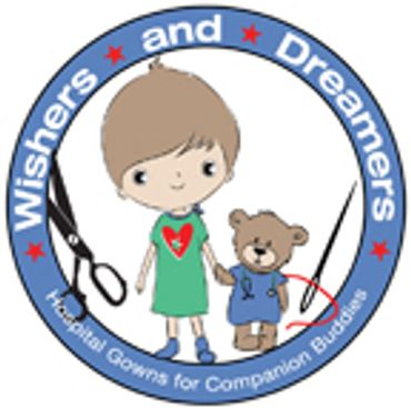 Wishers and Dreamers round blue logo with child and teddy bear in hospital gowns, scissors, needle