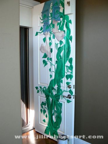 Inside door to elevator. Green beanstalk with Giant's feet and legs coming down. Jill Roberts Tenaja
