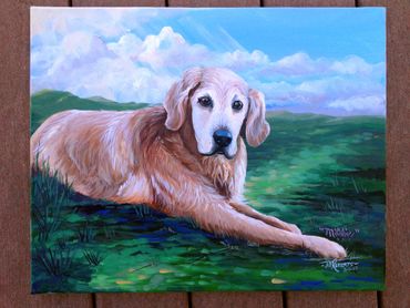 Memorial painting of old golden labrador. green grass and blue sky with clouds