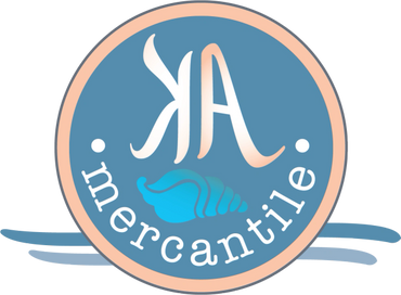 KA Mercantile logo ocean grey blue color, seashell, trimmed in coral color. Designed by Jill Roberts