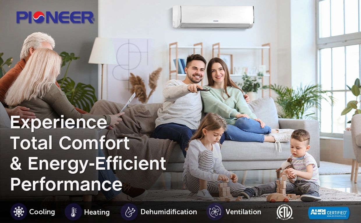 Happy family enjoying comfort with a Pioneer air conditioner in a bright living room.