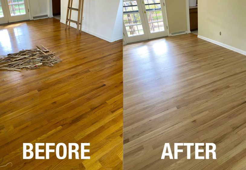 Before-and-after photo montage from the Lakewood living room hardwood floor project.