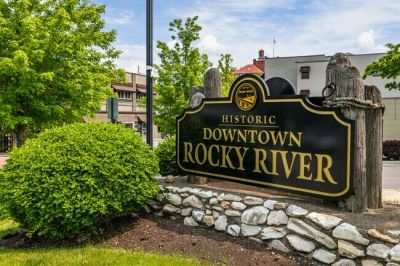 An informational signage in the historic downtown area of Rocky River, Ohio.