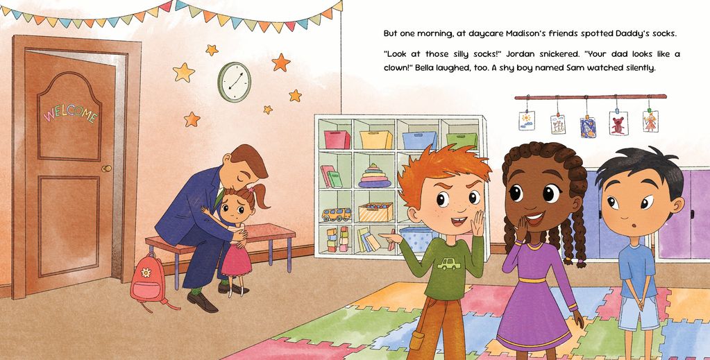 Children at daycare tease about Daddy's silly socks while a shy boy watches.