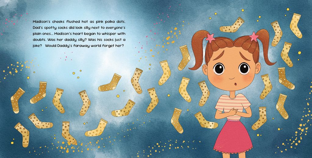 A worried girl surrounded by polka dot socks, reflecting on her dad's silly socks.