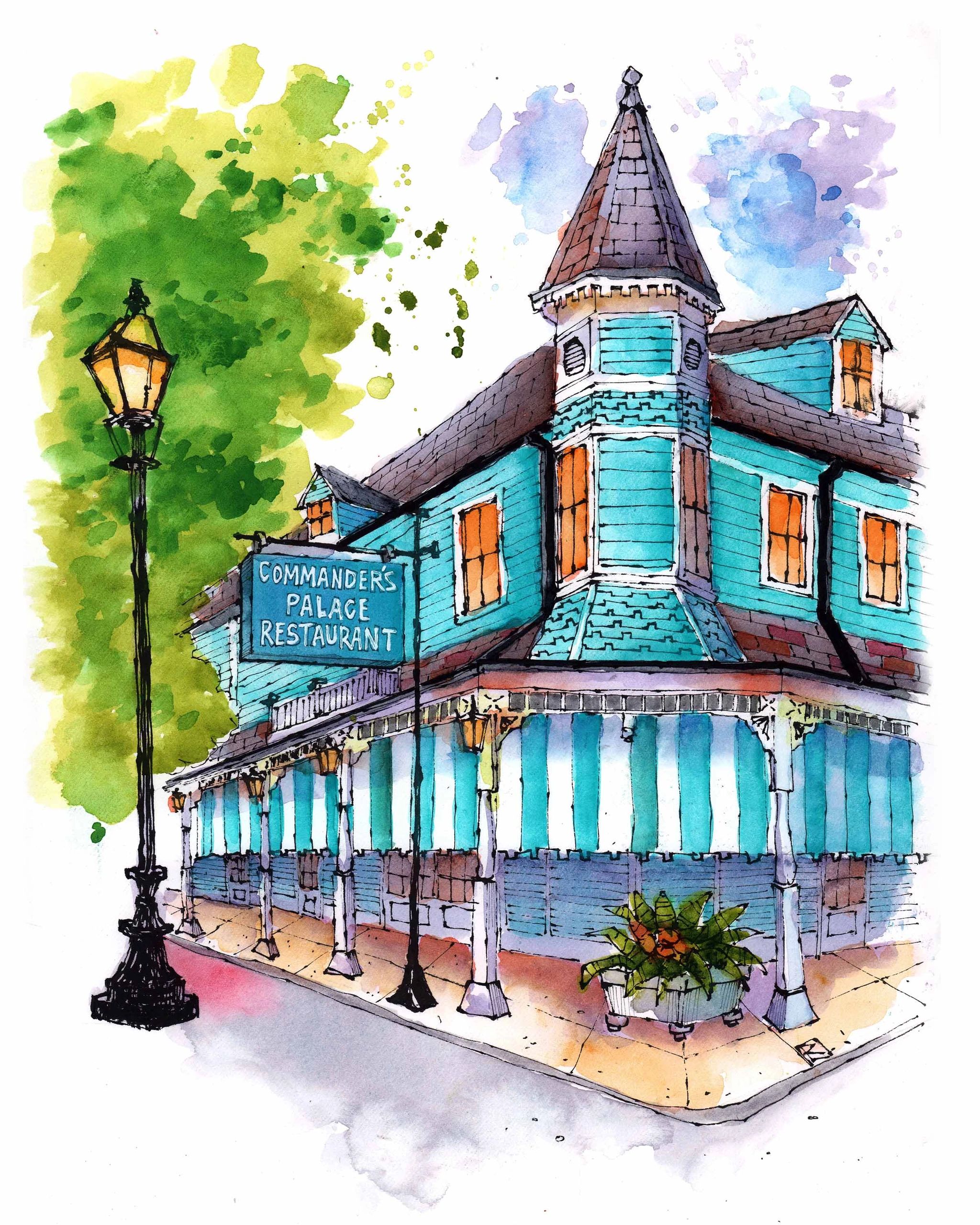 Watercolor painting of Commanders Palace Restaurant with a street lamp.