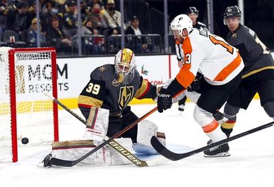 Kevin Hayes of the Philadelphia Flyers scores against the Vegas Golden Knights.
