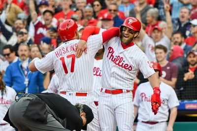 Rhys Hoskins and Bryce Harper of the Phillies celebrate something that probably didn't matter.