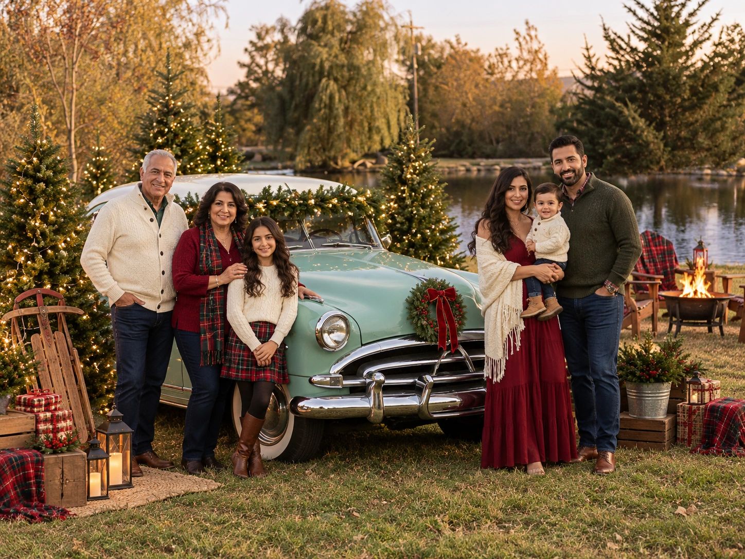 Family posing by a decorated vintage car outdoors.