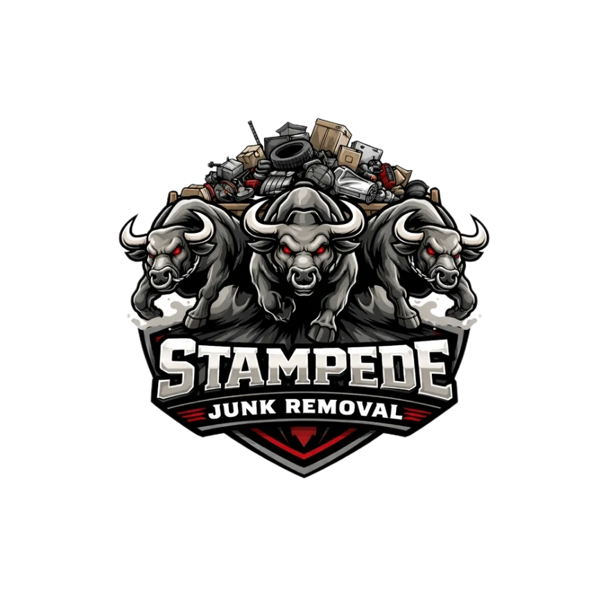 Logo of Stampede Junk Removal with three fierce bulls and a pile of junk.