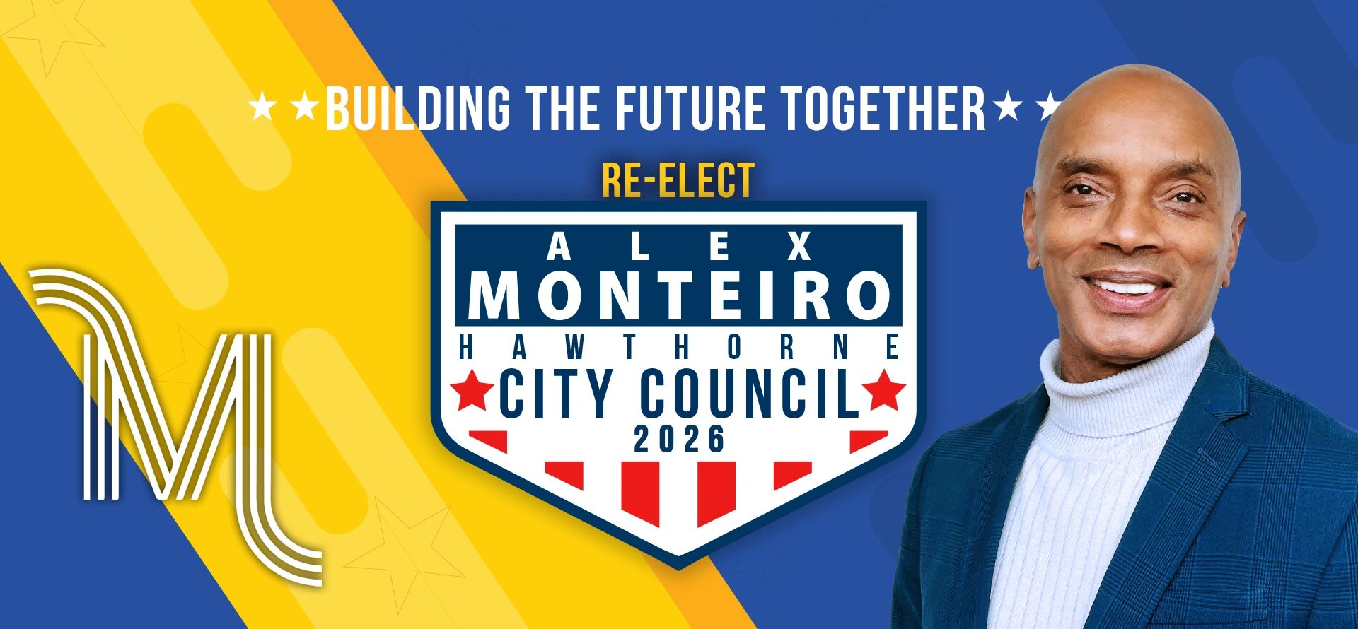 A picture of Alex Monteiro with his logo that says building the future together.