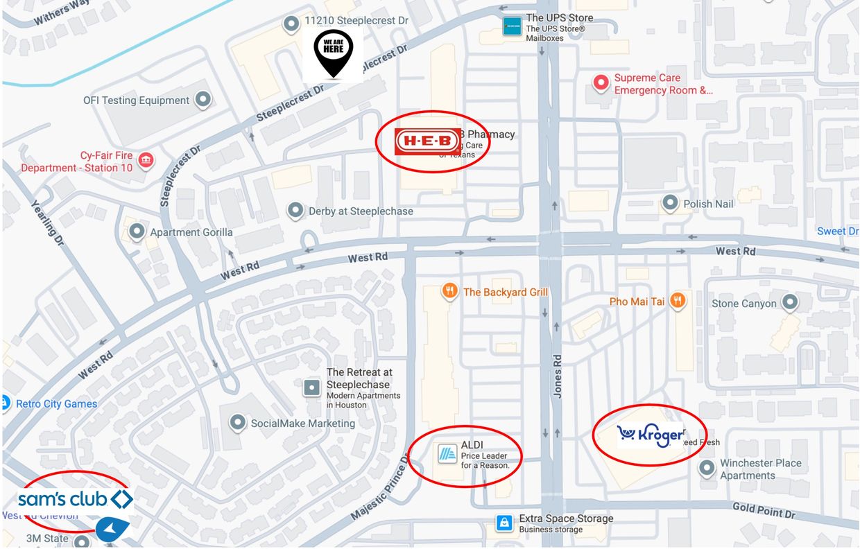 Map highlighting Sam's Club, H-E-B, ALDI, and Kroger locations in a neighborhood.