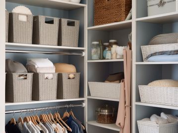 A tidy wardrobe with clothes hanging on rails and items sorted into baskets