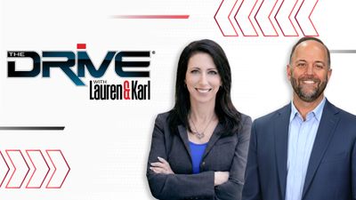 Promotional image for The Drive with hosts Lauren and Karl.