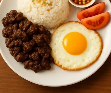 A plate with rice, fried egg, beef tapa, tomato slices, and dipping sauce.
